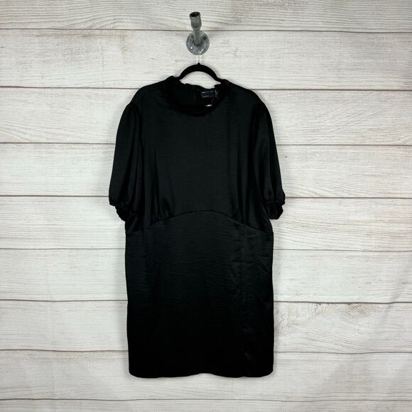 Asos Curve Plus Size Black Shiny Ruffle Neck Waisted Mini Dress Size 24 - Picture 1 of 9